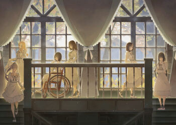1girl 6+girls ayako_(dfl) black_hair black_ribbon blonde_hair blue_eyes bow brown_eyes brown_hair chair closed_mouth curtains dress flowers_(innocent_grey) highres indoors komikado_nerine kousaka_mayuri light_particles long_hair long_sleeves looking_at_viewer multiple_girls neck_ribbon open_mouth ponytail railing ribbon scenery shirahane_suou shoes short_hair sitting smile socks standing takasaki_chidori tree very_long_hair walking wheelchair white_dress window yaegaki_erika yatsushiro_yuzuriha yuri