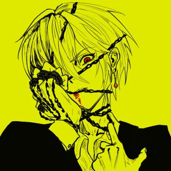 Rule 34 | 1boy, blood, blood from mouth, chain, chinese commentary, commentary request, earrings, formal clothes, hand chains, hand over face, highres, hunter x hunter, jewelry, kurapika, looking at viewer, male focus, portrait, red eyes, short hair, simple background, solo, suit, yellow background, yellow theme, zhiwukafuka