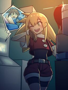 Rule 34 | 1boy, 1girl, belt, black bodysuit, blonde hair, bodysuit, brown gloves, brown hair, buttons, computer, covered navel, cropped jacket, cut-in, dirty, dirty face, glint, gloves, green eyes, hair between eyes, hat, highres, holding, holding unworn clothes, holding unworn hat, jacket, long hair, mega man (series), mega man legends, mega man legends (series), mega man volnutt, one eye closed, open mouth, red hat, red jacket, red shorts, roll caskett (mega man), short sleeves, shorts, smile, spandex, sweat, teeth, tukitosupponc, unworn hat, unworn headwear, upper teeth only