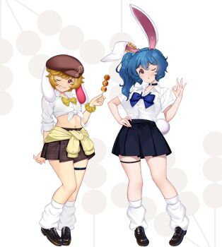 2girls alternate_costume animal_ears arm_behind_back black_shoes black_skirt blonde_hair blue_bow blue_hair bow bowtie breasts brown_hat brown_skirt clothes_around_waist collared_shirt commentary_request dango dress_shirt dress_shoes flat_cap floppy_ears food full_body hand_on_own_hip hand_up hat hataraki_kuma holding holding_skewer leg_warmers looking_at_viewer lop_rabbit_ears medium_breasts midriff miniskirt multiple_girls navel ok_sign one_eye_closed plaid_clothes plaid_skirt rabbit_ears rabbit_girl red_eyes ringo_(touhou) shirt shoes short_hair side_ponytail simple_background skewer skirt sleeves_rolled_up small_breasts smile solo standing sweater sweater_around_waist teeth thigh_strap tied_shirt touhou wagashi white_background white_leg_warmers white_shirt wristband yellow_bow yellow_bowtie