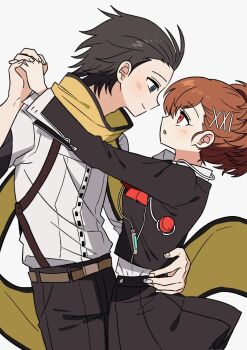 1boy 1girl black_hair black_pants black_skirt brown_hair closed_mouth commentary_request eye_contact from_side gekkoukan_high_school_uniform grey_background hand_on_another's_waist hetero highres holding_hands looking_at_another mochizuki_ryouji mp3_player pants parted_lips persona persona_3 persona_3_portable profile red_eyes scarf school_uniform shiomi_kotone shirt shiryoku_kensa simple_background skirt suspenders white_shirt yellow_scarf