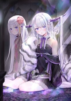 1girl akasaka_asa bare_shoulders black_dress black_sleeves commentary_request commission crystal_horns detached_sleeves different_reflection dress flower fur_shawl hair_flower hair_ornament highres horns indie_virtual_youtuber long_hair minazuki_miou_(vtuber) mirror neck_ribbon off-shoulder_dress off_shoulder pink_flower purple_eyes purple_horns purple_ribbon reflection ribbon shawl sitting skeb_commission virtual_youtuber white_hair