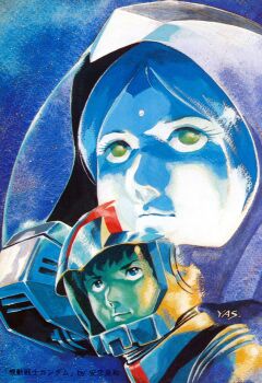 1980s_(style) 1boy 1girl acrylic_paint_(medium) alien amuro_ray bindi blue_eyes blue_hair brown_hair closed_mouth colored_skin dated facial_mark green_eyes gundam helmet highres lalah_sune looking_at_viewer looking_up marker_(medium) military military_uniform mobile_suit_gundam official_art oldschool painting_(medium) pilot pilot_suit portrait retro_artstyle robot science_fiction serious short_hair signature space spacesuit traditional_media upper_body watercolor_(medium) yasuhiko_yoshikazu