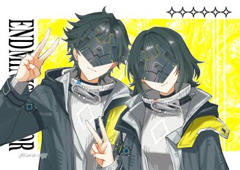 Rule 34 | 1boy, 1girl, arknights, arknights: endfield, black coat, black hair, breasts, closed mouth, coat, commentary, diamond (shape), endministrator (arknights), eye mask, facing viewer, female endministrator (arknights), grey sweater, highres, long sleeves, male endministrator (arknights), mask, natsuki (2917), open clothes, open coat, smile, sweater, twitter username, upper body, v
