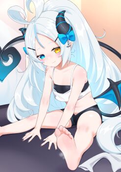 +_+ 1girl absurdres akugaki_koa arms_between_legs bare_arms bare_shoulders barefoot big_hair black_bra black_horns black_nails black_shorts black_tail blue_bow blue_eyes blush body_blush bow bra breasts breath closed_mouth covered_erect_nipples crop_top curled_horns demon_tail exercising fang foot_out_of_frame goki_buri hair_bow hair_ornament hairclip half-closed_eyes heterochromia high_ponytail highres horns chromashift leaning_forward legs_apart long_hair long_tail looking_at_viewer midriff nail_polish navel on_floor outstretched_hand parted_bangs pointy_ears ponytail shorts sitting skin_fang small_breasts smile soles solo sports_bra strapless strapless_bra striped_horns symbol-shaped_pupils tail tank_top toenail_polish toenails toes underwear very_long_hair virtual_youtuber white_hair white_tank_top wide_ponytail yellow_eyes
