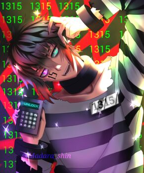 Rule 34 | 1boy, aqua eyes, asymmetrical hair, black choker, black hair, calculator, choker, cuffs, handcuffs, heterochromia, juugo (nanbaka), kuu (nanbaka), madara shin, multicolored hair, nanbaka, number tattoo, prison clothes, purple eyes, red hair, short hair, tattoo