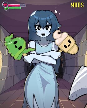 1girl absurdres artist_name axe black_eyes blue_dress blue_hair blue_skin blush character_counter_request character_request collarbone colored_skin double-parted_bangs dress health_bar highres indoors long_hair looking_at_viewer muds open_mouth pov smile solo spooky's_house_of_jump_scares spooky_(shojs) teeth upper_teeth_only