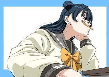 1girl atbmossa blue_border blue_hair border bow bowtie commentary_request elbow_on_table grey_sailor_collar hair_bun highres long_hair long_sleeves love_live! love_live!_sunshine!! outside_border pencil_as_mustache pink_eyes puckered_lips sailor_collar school_uniform serafuku shirt simple_background single_side_bun solo tsushima_yoshiko upper_body uranohoshi_school_uniform white_background white_shirt winter_uniform yellow_bow yellow_bowtie
