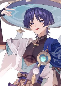 Rule 34 | 1boy, :p, anemo symbol (genshin impact), arm at side, armor, belt, black belt, black bodysuit, black bow, black bridal gauntlets, black shorts, blue cape, blue gemstone, blue hat, blue kimono, blue sleeves, blunt ends, bodysuit, bow, bridal gauntlets, bright pupils, cape, commentary request, eyeliner, eyeshadow, feathers, fingernails, gem, genshin impact, gold, gold ring, hand up, hat, highres, japanese armor, japanese clothes, jingasa, juban, kimono, kote, kurokote, layered sleeves, looking at viewer, makeup, male focus, mandarin collar, middle ring, oguma 000, open clothes, open kimono, pom pom (clothes), portrait, purple eyes, purple hair, purple rope, purple sash, red eyeliner, red eyeshadow, rope, sash, scaramouche (genshin impact), short sleeves, shorts, shoulder peek, solo, tassel, tongue, tongue out, tsurime, wanderer (genshin impact), white background, white kimono, white pupils, white sleeves, white trim, wispy bangs, yellow feathers