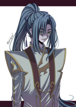 1boy blue_hair blush code_geass code_geass:_boukoku_no_akito green_eyes hkfezd long_hair looking_at_viewer ponytail shin_hyuuga_shaingu simple_background solo twitter_username upper_body