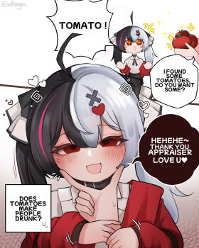 1other absurdres ahoge black_choker black_hair blush choker commentary english_commentary food fruit highres holding holding_food holding_fruit jacket lacrimosa_(nte) long_hair looking_at_viewer multicolored_hair neverness_to_everness open_mouth pink_streaks red_eyes red_jacket shirt split-color_hair streaked_hair tomato twintails very_long_hair white_hair white_shirt wifi_saga