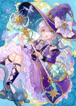 Rule 34 | 1girl, argyle background, bare shoulders, blue background, blue bow, blue bowtie, blush, boots, bow, bowtie, commentary request, detached sleeves, dress, fold-over boots, foot out of frame, frilled dress, frills, green eyes, grey hair, hat, heterochromia, highres, holding, holding wand, juliet sleeves, long hair, long sleeves, open mouth, original, puffy sleeves, purple boots, purple dress, purple hat, purple socks, sleeveless, sleeveless dress, socks, solo, wand, witch, witch hat, yachi waki, yellow eyes