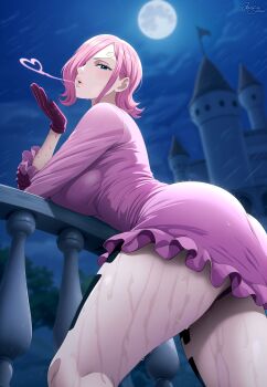 absurdres balcony bare_legs blowing_kiss blue_eyes breasts dress frilled_dress frills gloves hair_over_one_eye highres jemmasoria large_breasts looking_at_viewer one_piece pink_dress pink_hair rain short_hair solo thick_thighs thighs vinsmoke_reiju wet wet_clothes wet_hair