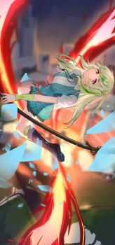 1girl absurdres aqua_skirt aqua_vest arm_warmers black_boots blurry blurry_background boots bow bowtie breasts building closed_mouth commentary fighting_stance fire floating_hair full_body glint green_arm_warmers green_hair green_streaks hair_between_eyes heaven_burns_red highres holding holding_weapon long_hair looking_at_viewer medium_breasts midair min_yuki miniskirt multicolored_hair ooshima_isuzu open_clothes open_vest outdoors pink_eyes plaid_bow plaid_bowtie plaid_clothes pleated_skirt pyrokinesis shirt shoe_soles skirt smile solo split_mouth streaked_hair vest weapon white_shirt