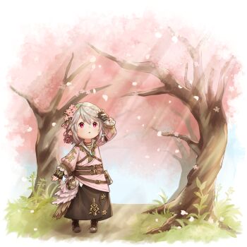 Rule 34 | 1girl, :o, arm up, black gloves, black skirt, boots, brown boots, cherry blossoms, commentary request, commission, day, double-parted bangs, final fantasy, final fantasy xiv, fingerless gloves, flower, full body, gloves, grass, grey hair, hair between eyes, hair flower, hair ornament, highres, lalafell, long sleeves, open mouth, outdoors, petals, pink flower, pink shirt, red eyes, shirt, short hair, shuu (syuuuuuuuuuu), skeb commission, skirt, solo, standing, tree, warrior of light (ff14)