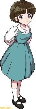 Rule 34 | arms behind back, black shoes, blue dress, brown hair, closed mouth, dress, full body, non-web source, official art, pale skin, ranma 1/2, school uniform, shoes, short hair, smile, solo, split mouth, straight hair, tendou akane, transparent background, yellow eyes, youkai watch