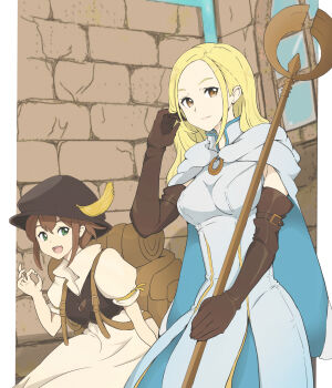 2girls :d absurdres backpack bag blonde_hair blue_cape blue_sky border breasts brick_wall brown_eyes brown_hair brown_hat brown_vest cape cleric commentary_request cowboy_shot dress elbow_gloves gloves hat hat_feather highres holding holding_staff long_hair looking_at_viewer looking_to_the_side medium_breasts merchant mochi_curry multiple_girls octopath_traveler octopath_traveler_i ok_sign open_mouth ophilia_(octopath_traveler) ophilia_clement parted_hair puffy_short_sleeves puffy_sleeves short_hair short_sleeves sky small_breasts smile staff tressa_(octopath_traveler) tressa_colzione two-sided_cape two-sided_fabric upper_body vest white_border white_cape white_dress