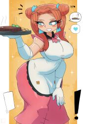 Rule 34 | !, 1girl, apron, blue eyes, blush, breasts, double bun, dress, earrings, food, gloves, grin, hair bun, heart, holding, jewelry, lara (tony welt), large breasts, long hair, looking at viewer, maid, orange hair, pink apron, pink dress, short sleeves, smile, sparkle, speech bubble, spoken food, spoken heart, standing, steak, teeth, thick thighs, thighs, tony welt, tray, twintails, white gloves, wide hips, yellow background