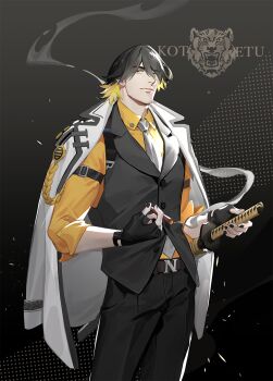 1boy belt black_nails black_pants brown_belt cigar closed_mouth collared_shirt commentary_request fingerless_gloves gloves grey_background highres looking_at_viewer male_focus nagasone_kotetsu ncww_rinichi necktie orange_eyes orange_shirt pants shirt short_hair single_glove smoking solo sword touken_ranbu v-shaped_eyebrows weapon