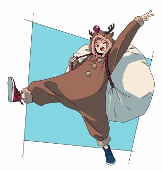Rule 34 | 1girl, animal costume, antlers, character request, christmas, fake antlers, full body, highres, holding, holding sack, horns, imigimuru, looking at viewer, one eye closed, open mouth, pink hair, reindeer antlers, reindeer costume, sack, smile, solo