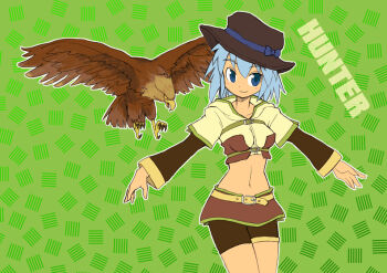 1girl belt bike_shorts bird blue_bow blue_eyes blue_hair blush bow brown_hat brown_shorts brown_skirt character_name closed_mouth commentary_request cowboy_shot falcon green_background hat hat_bow hunter_(ragnarok_online) layered_sleeves long_sleeves looking_at_viewer midriff miniskirt navel ragnarok_online shirt short_hair short_over_long_sleeves short_sleeves shorts shorts_under_skirt skirt smile solo white_shirt yazuma666 yellow_belt