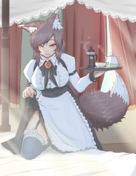 1girl alternate_costume animal_ears apron bed black_thighhighs blush breasts brown_hair coffee_pot cube85 cup curtains english_text female_focus garter_straps highres imaizumi_kagerou large_breasts light_rays long_hair looking_at_viewer red_eyes smile solo sunbeam sunlight teacup teapot textless_version thighhighs touhou tray underbust wolf_ears