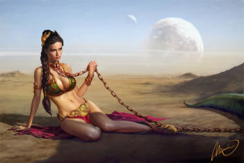 1girl armlet blue_sky braid braided_ponytail breasts brown_eyes brown_hair chain chain_leash cleavage collar day extra_moons highres huttslayer_leia jewelry leash long_hair medium_breasts metal_bikini metal_collar mironishin-story navel official_alternate_costume outdoors pelvic_curtain ponytail princess_leia sand signature sitting sky solo star_wars star_wars:_return_of_the_jedi