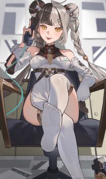 1girl absurdres ada53 ahoge aqua_nails armchair bare_shoulders black_hair black_shoes blurry blurry_background braid braided_twintails chair china_dress chinese_clothes commentary commentary_request corded_phone crossed_legs detached_sleeves dialyn_(zenless_zone_zero) dress earrings english_commentary feet hair_extensions hair_ornament hairclip hand_up highres holding holding_phone id_card indoors jewelry long_hair looking_at_viewer mixed-language_commentary multicolored_hair multicolored_nails necktie on_chair panda_hair_ornament paper phone red_nails ring_hair_extensions shoes sitting solo split-color_hair thighhighs tongue tongue_out unworn_shoes white_dress white_hair white_thighhighs yellow_eyes yellow_necktie zenless_zone_zero