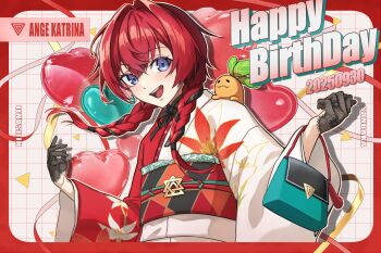 Rule 34 | 1girl, :3, absurdres, ange katrina, ange katrina (new year), aqua bag, bag, balloon, black gloves, black hair, black sash, blush, border, braid, character name, commentary, copyright name, creature, creature on shoulder, dated, drop shadow, english text, flat chest, floating hair, floral print, floral print gloves, floral print kimono, gloves, grid background, hair between eyes, hair intakes, hair over shoulder, half gloves, handbag, hands up, happy birthday, heart balloon, highres, japanese clothes, kimono, lace, lace gloves, long hair, long sleeves, looking at viewer, low twin braids, mandragora, mandragora (ange katrina), multicolored hair, multicolored sash, nijisanji, nocnoshi, obi, obiage, obidome, obijime, on shoulder, open mouth, orange sash, outline, print kimono, purple eyes, red border, red hair, red kimono, red sash, sash, see-through clothes, see-through gloves, smile, streaked hair, streamers, teeth, triangle, twin braids, two-tone hair, two-tone kimono, upper body, upper teeth only, virtual youtuber, white background, white kimono, white outline