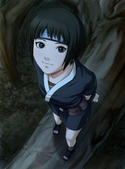 Rule 34 | 1girl, black eyes, black hair, female focus, forehead protector, from above, full body, looking up, naruto (classic), naruto (series), nature, outdoors, plant, shizune (naruto), short hair, smile, solo, tk (tk's level4), tree