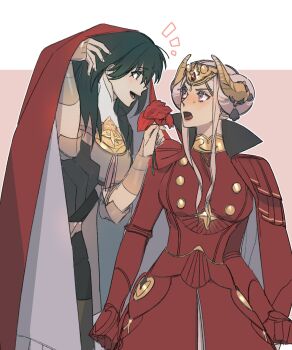 Rule 34 | 2girls, blonde hair, blue eyes, blush, cape, collared cape, couple, double bun, dress, edelgard von hresvelg, edelgard von hresvelg (timeskip), embarrassed, fake horns, female byleth (fire emblem), fire emblem, fire emblem: three houses, flower, green hair, hair bun, hair up, headpiece, highres, holding, holding flower, horns, looking at another, looking to the side, multiple girls, nintendo, open mouth, pink background, purple eyes, red cape, red dress, red flower, rose, standing, supi 002, wavy hair, yuri