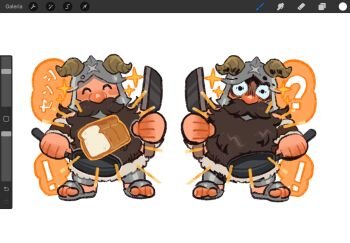 1boy ? ^_^ art_program_in_frame beard bread charm_(object) chibi closed_eyes constricted_pupils dungeon_meshi dwarf facial_hair facing_viewer fake_horns food frying_pan full_body happy helmet highres holding holding_frying_pan holding_knife horned_helmet horns knife loaf_of_bread long_beard male_focus merchandise_available mimscosara multiple_views mustache senshi_(dungeon_meshi) shaded_face sparkle standing thick_mustache translation_request very_long_beard
