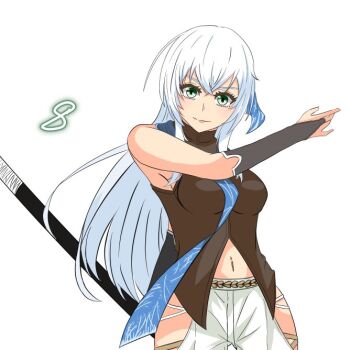 1girl bare_shoulders blue_necktie breasts bridal_gauntlets closed_mouth commentary_request countdown crossed_bangs double-parted_bangs eiyuu_densetsu floating_hair floating_neckwear green_eyes hair_between_eyes katana kuro_no_kiseki kuro_no_kiseki_(series) kuro_no_kiseki_ii long_hair looking_at_viewer loose_necktie medium_breasts navel necktie partially_unbuttoned rope shimenawa shirt shizuna_rem_misurugi sidelocks simple_background sleeveless sleeveless_shirt smile solo sword upper_body weapon white_background white_hair yoruno_mao