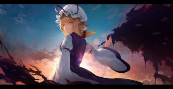 1girl absurdres blonde_hair bow commentary dress frilled_hat frills gap_(touhou) hair_bow hat highres letterboxed light_smile long_sleeves looking_at_viewer looking_back mob_cap outdoors purple_dress red_bow rinn_kyun shirt solo touhou white_hat white_shirt yakumo_yukari yellow_eyes
