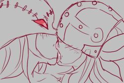 2girls angewomon animated blush digimon french_kiss from_side kiss ladydevimon long_tongue looking_at_another mask multiple_girls red_eyes saliva stitches tagme tongue ungulatr video yuri
