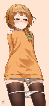 1girl arms_behind_back baba_konomi black_thighhighs blue_eyes blush braid brown_background brown_hair closed_mouth cowboy_shot half-closed_eyes highres idolmaster idolmaster_million_live! long_hair myeolchi object_insertion orange_shirt panties panty_pull pussy_juice sex_toy shirt simple_background single_braid solo standing thighhighs two_side_up underwear vaginal vaginal_object_insertion vibrator white_panties