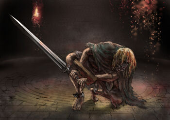 1girl barefoot blonde_hair brazier commentary_request dark_souls_(series) dark_souls_ii embers evyngr fire full_body grey_robe holding holding_sword holding_weapon indoors lost_sinner mask masked robe solo squatting sword torn_clothes torn_robe weapon