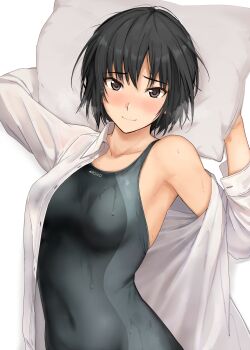 1girl amagami bare_shoulders black_eyes black_hair black_one-piece_swimsuit blush bob_cut breasts brown_eyes closed_mouth collarbone commentary_request competition_swimsuit covered_navel dress_shirt hair_between_eyes highres holding holding_pillow large_breasts long_sleeves looking_at_viewer medium_breasts mobu nanasaki_ai nose_blush off_shoulder one-piece_swimsuit open_clothes open_shirt pillow shirt short_hair simple_background smile solo standing steam swimsuit swimsuit_under_clothes upper_body water_drop wet wet_clothes wet_hair wet_swimsuit white_background white_shirt