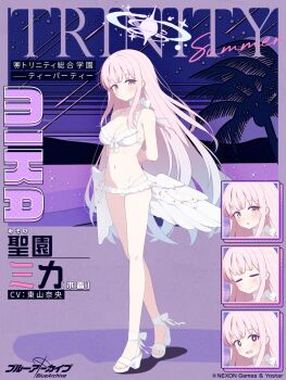 1girl :o analogous_colors angel_wings arms_behind_back bare_arms bare_legs bare_shoulders bikini block_heels blue_archive blue_hair blue_halo blush breasts bright_pupils character_name choker cleavage closed_eyes closed_mouth commentary_request company_name cool_colored copyright_logo copyright_name copyright_notice crossed_legs dilated_pupils feathered_wings frilled_bikini frills front-tie_bikini_top front-tie_top full_body furrowed_brow gradient_hair gradient_halo groin halo heel_up high_heel_sandals highleg highleg_bikini highres holding_own_wrist kokosando light_smile logo long_hair long_sidelocks looking_at_viewer low_wings lowleg medium_breasts meteor_shower mika_(blue_archive) mika_(swimsuit)_(blue_archive) multicolored_hair multicolored_halo multiple_expressions navel official_alternate_costume official_alternate_hairstyle official_art open_mouth palm_tree pink_hair pink_halo purple_background ribbon sandals second-party_source shadow shooting_star sidelocks solo standing stomach straight_hair string_bikini sweatdrop swimsuit toes tree two-tone_hair two-tone_halo very_long_hair watson_cross white_bikini white_choker white_pupils white_ribbon white_sandals white_wings wing_ornament wings yellow_eyes