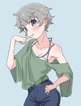 Rule 34 | 1girl, armpits, baggy clothes, blue background, blue eyes, blush, breasts, choppy bangs, cleavage, collarbone, commentary, commentary request, contrapposto, cowboy shot, denim, grey hair, hair between eyes, head tilt, highres, jeans, looking at viewer, mixed-language commentary, monogatari (series), nao art, off shoulder, oikura sodachi, pants, short hair, simple background, single bare shoulder, single off shoulder, small breasts, solo, upper body