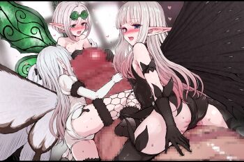 Rule 34 | 1boy, 3girls, absurdres, airy (bravely default), anne (bravely second), antenna hair, ass, black gloves, black hair, black leotard, black thighhighs, black wings, blue eyes, boots, bravely default: fairy's effect, bravely default: flying fairy, bravely default (series), bravely second: end layer, breasts, butterfly wings, censored, coke-bottle glasses, commission, commissioner upload, elbow gloves, erection, fairy, fairy wings, glasses, gloves, green eyes, green wings, gulp5959, heart, highres, hug, humping, insect wings, koonago, leotard, looking at viewer, looking back, mini person, minigirl, mosaic censoring, multiple girls, naughty face, open mouth, penis, penis hug, pointy ears, pussyjob, rinne (bravely default), short hair, size difference, skeb commission, small breasts, smile, straddling, sweat, thigh boots, thighhighs, thighs, white gloves, white hair, white leotard, white wings, wings