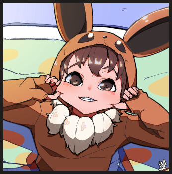 1girl 2049_(hh5566) animal_ears blush brown_eyes brown_hair cheek_pinching child clenched_hands clenched_teeth cosplay eevee eevee_(cosplay) eevee_ears eevee_tail facing_viewer fake_animal_ears female_focus fingernails flat_chest gen_1_pokemon hands_up long_sleeves matching_hair/eyes medium_hair nintendo npc_trainer onesie pinching poke_kid_(pokemon) pokemon pokemon_swsh signature teeth upper_body