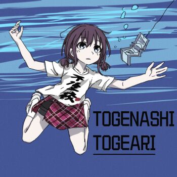 1girl air_bubble album album_art album_cover album_cover_redraw banknote blue_eyes breasts brown_hair bubble citric_acid cover derivative_work fish_hook fishing fishing_line fishing_rod girls_band_cry highres iseri_nina miniskirt money nevermind nirvana_(band) open_mouth parody red_hair shirt shoes skirt submerged swimming underwater