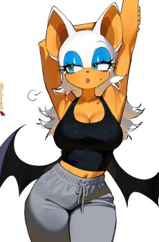 1girl alternate_costume animal_ears animal_nose aqua_eyes arm_out_of_frame armpits arms_up bat_ears bat_girl bat_wings black_shirt blue_eyeshadow breasts cleavage commentary cowboy_shot dark-skinned_female dark_skin eyeshadow fruitcrunchi furry furry_female grey_pants hand_on_own_arm highres large_breasts long_hair looking_to_the_side makeup midriff navel pants puff_of_air red_lips rouge_the_bat shirt sleeveless sleeveless_shirt sonic_(series) stretching sweat sweatpants symbol-only_commentary twitter_username white_fur wings