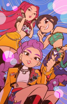 Rule 34 | 3girls, absurdres, amie sanchez, aqua shirt, armor, bare shoulders, black boots, black hair, black nails, blue background, blunt bangs, boots, braid, breasts, crop top, cropped jacket, double bun, earrings, fingernails, freckles, grin, hair bun, half updo, halterneck, hand on own hip, hands on own cheeks, hands on own face, highres, jacket, jewelry, kpop demon hunters, long fingernails, long hair, medium breasts, midriff, miniskirt, mira (kpop demon hunters), multiple girls, multiple necklaces, one eye closed, parted lips, pink hair, print shirt, purple hair, ring, rumi (kpop demon hunters), shirt, short hair, shoulder armor, sidelocks, single braid, skirt, smile, twintails, upper body, white shirt, yellow jacket, yellow skirt, zoey (kpop demon hunters)