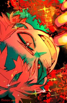 1boy arm_up bakugou_katsuki black_shirt blood blood_on_face boku_no_hero_academia commentary grin hashtag-only_commentary hibiki_mha highres limited_palette male_focus red_eyes sanpaku shirt short_hair sideways smile solo sparkle teeth twitter_username watermark
