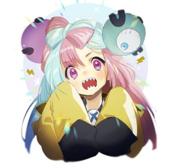 Rule 34 | 1girl, :d, blurry, blush, commentary request, green hair, iono (pokemon), jacket, long hair, long sleeves, looking at viewer, narita imomushi, nintendo, open mouth, pokemon, pokemon sv, purple eyes, purple hair, sharp teeth, sleeves past fingers, sleeves past wrists, smile, solo, teeth, upper body, yellow jacket