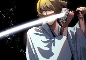 Rule 34 | 1boy, ajuji aju, black background, bleach, blonde hair, commentary request, floating hair, glowing, glowing sword, glowing weapon, haori, highres, hirako shinji, holding, holding sword, holding weapon, japanese clothes, katana, male focus, short hair, simple background, solo, sword, taichou haori, two-handed, weapon, yellow eyes