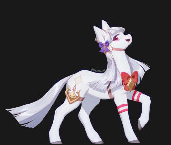 animal animal_focus animalization black_background blue_bow blunt_bangs bow bowtie commentary cutie_mark english_commentary gold_ship_(umamusume) grey_hair hair_bow hat highres horse long_hair looking_at_viewer my_little_pony my_little_pony:_friendship_is_magic no_humans open_mouth pillbox_hat pony_(animal) recursive_animalization red_bow red_eyes simple_background smile solo standing theartgun umamusume