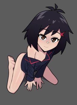 1girl absurdres black_hair bluebutter bottomless brown_eyes commentary flat_chest from_above full_body hair_ornament highres kneeling marvel medium_hair off_shoulder peni_parker solo spider-man:_across_the_spider-verse spider-man_(series) spider-verse x_hair_ornament